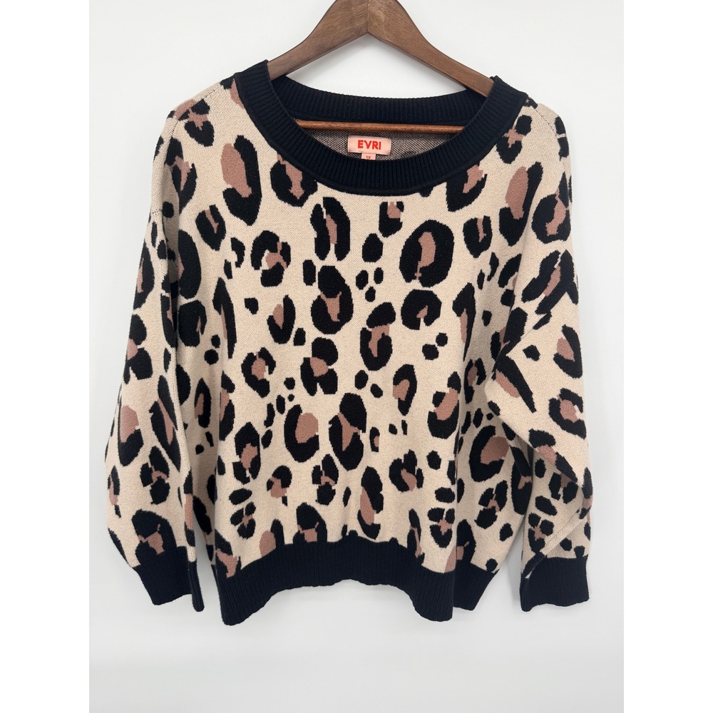 EVRI Leopard Print Sweater Women 1X Tan Pink Black Animal Knit Pullover